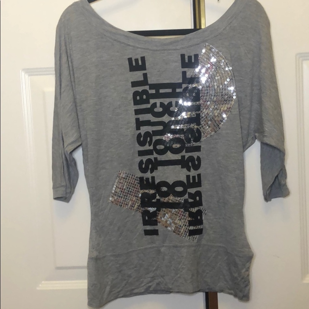 Zara Grey Sparkly With Black text 3/4 sleeve Top